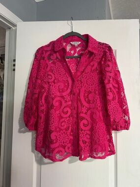 Nanette Lepore Hot Pink Crochet Lace Button-Down Blouse